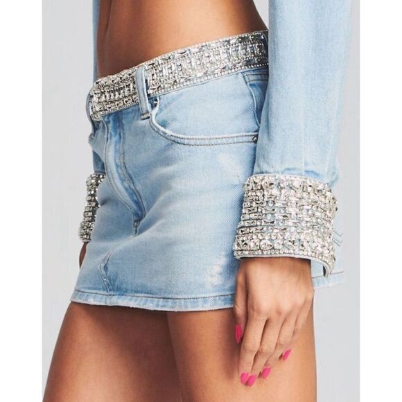 - Retrofete Women's Blue Denim Mini Skirt Size 32 Rhinestone Embellished - Picture 5 of 14